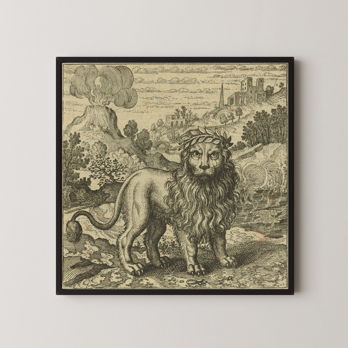 Framed art print of Atalanta Fugiens, Emblem 37: Three Things Are Sufficient For the Magistery by Michael Maier, in a black frame on a pale wall