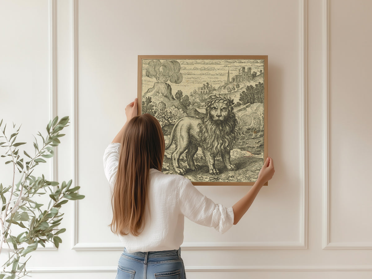 Framed art print of Atalanta Fugiens, Emblem 37: Three Things Are Sufficient For the Magistery by Michael Maier, hung on a panelled wall