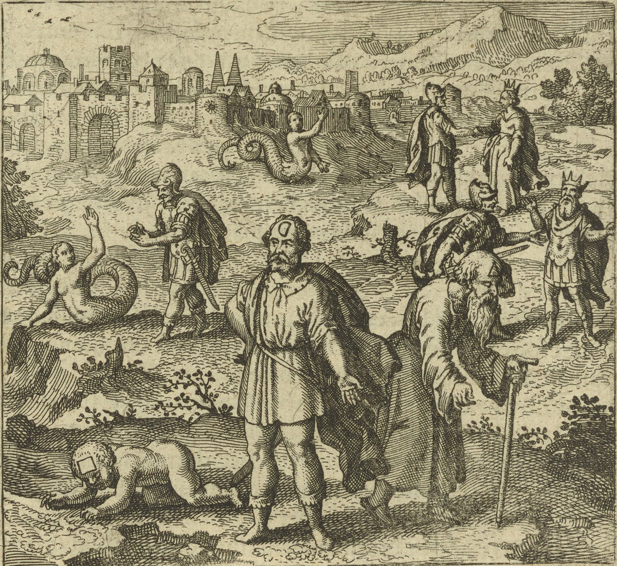 Atalanta Fugiens, Emblem 39: Oedipus, Having Overcome the Sphinx by Michael Maier — Many figures on a hillside beneath a walled town, one child crawling