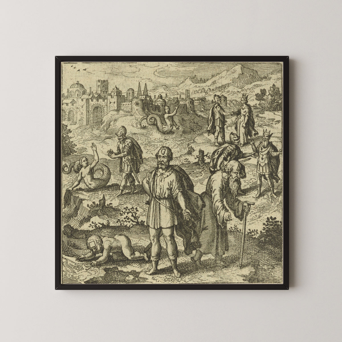 Framed art print of Atalanta Fugiens, Emblem 39: Oedipus, Having Overcome the Sphinx by Michael Maier, in a black frame on a pale wall