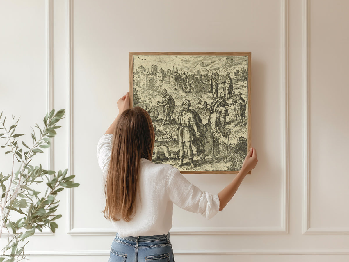 Framed art print of Atalanta Fugiens, Emblem 39: Oedipus, Having Overcome the Sphinx by Michael Maier, hung on a panelled wall