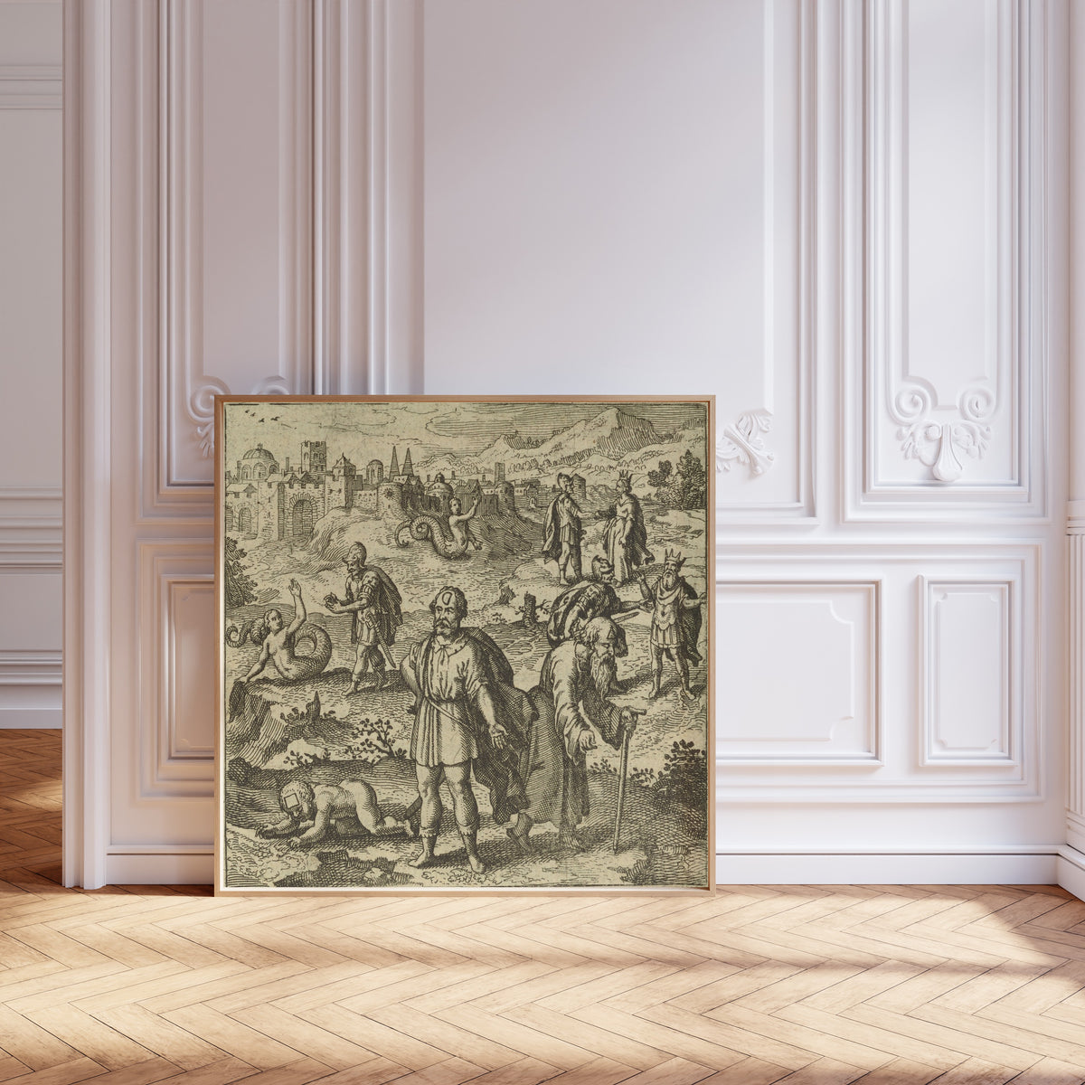 Framed art print of Atalanta Fugiens, Emblem 39: Oedipus, Having Overcome the… by Michael Maier, leaning against pale pink panelling on a herringbone floor