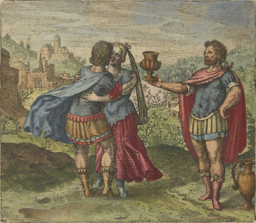 Atalanta Fugiens, Emblem 4: Join Brother and Sister and Hand Them the Cup of Love by Michael Maier — Two figures embrace while a third holds out a cup