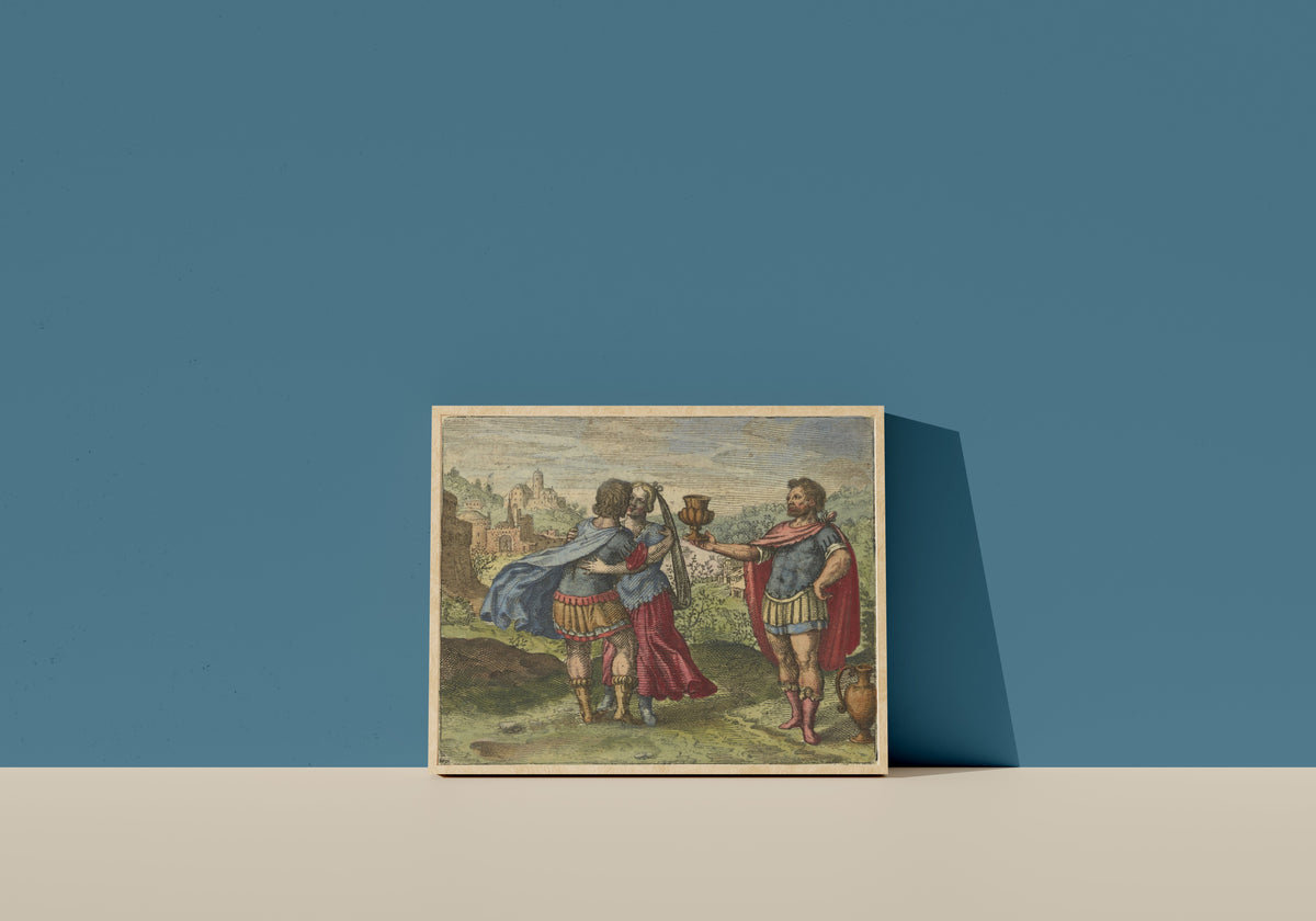 Framed art print of Atalanta Fugiens, Emblem 4: Join Brother and Sister and Hand Them the Cup… by Michael Maier, in a light wood frame leaning on a blue wall