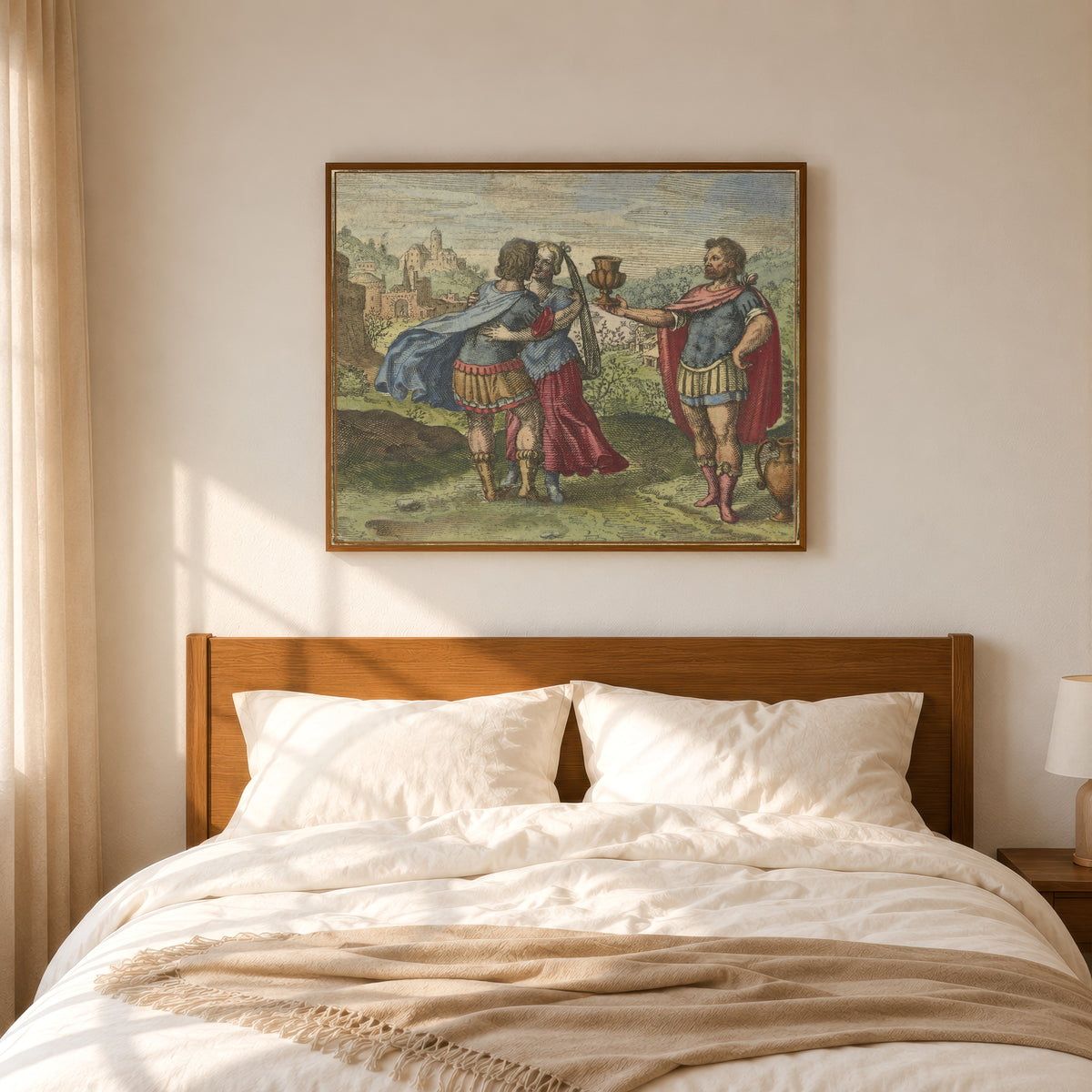 Framed art print of Atalanta Fugiens, Emblem 4: Join Brother and Sister and Hand Them… by Michael Maier, in a slim wood frame above a bed in a sunlit bedroom