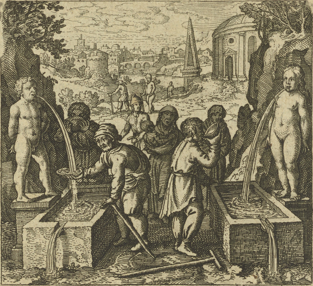 Atalanta Fugiens, Emblem 40: From Two Waters Make One, and It Will be the Water of Holiness by Michael Maier — Two child statues spout water into basins as