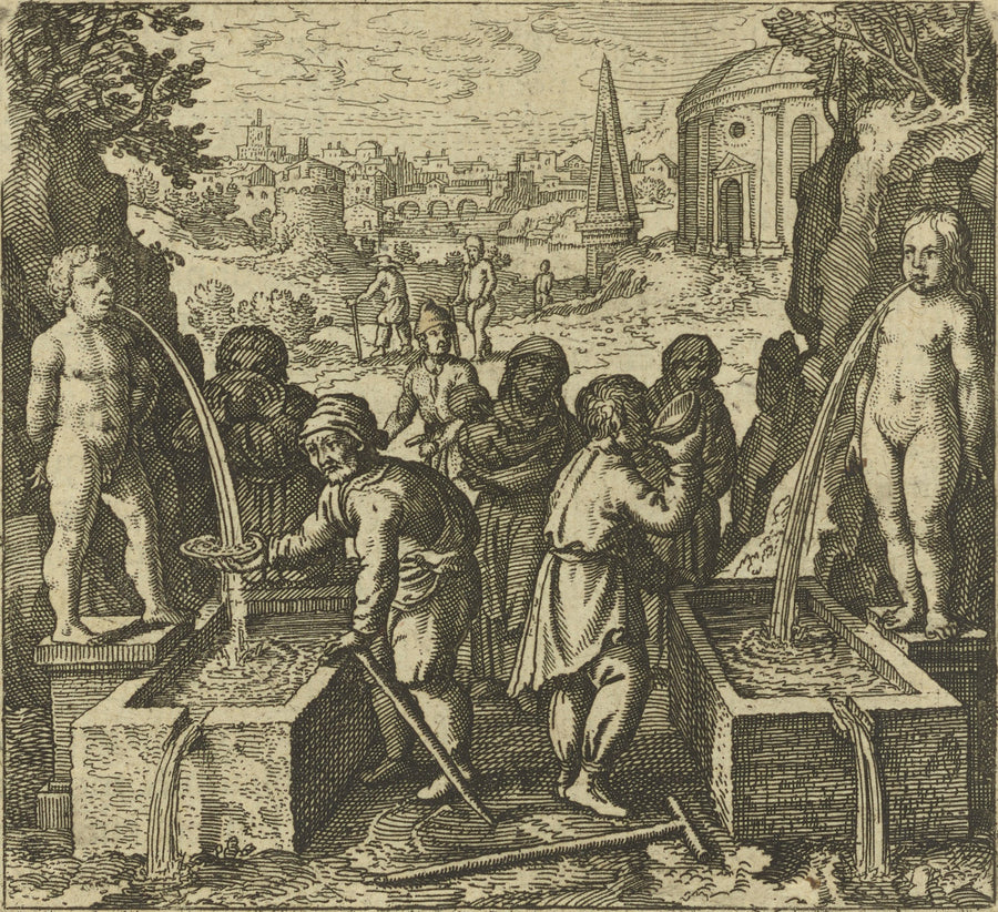 Michael Maier — Atalanta Fugiens, Emblem 40: From Two Waters Make One, and It Will be the Water of Holiness | Alchemical Engraving Print shown to scale on a wall above a sofa