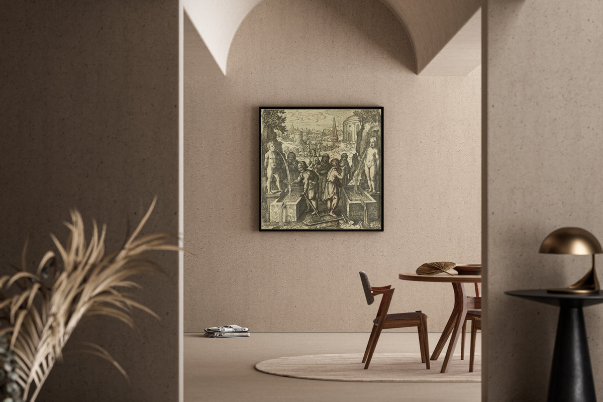 Framed art print of Atalanta Fugiens, Emblem 40: From Two Waters Make One, and It Will be the Water of Holiness by Michael Maier, in a sunlit dining corner