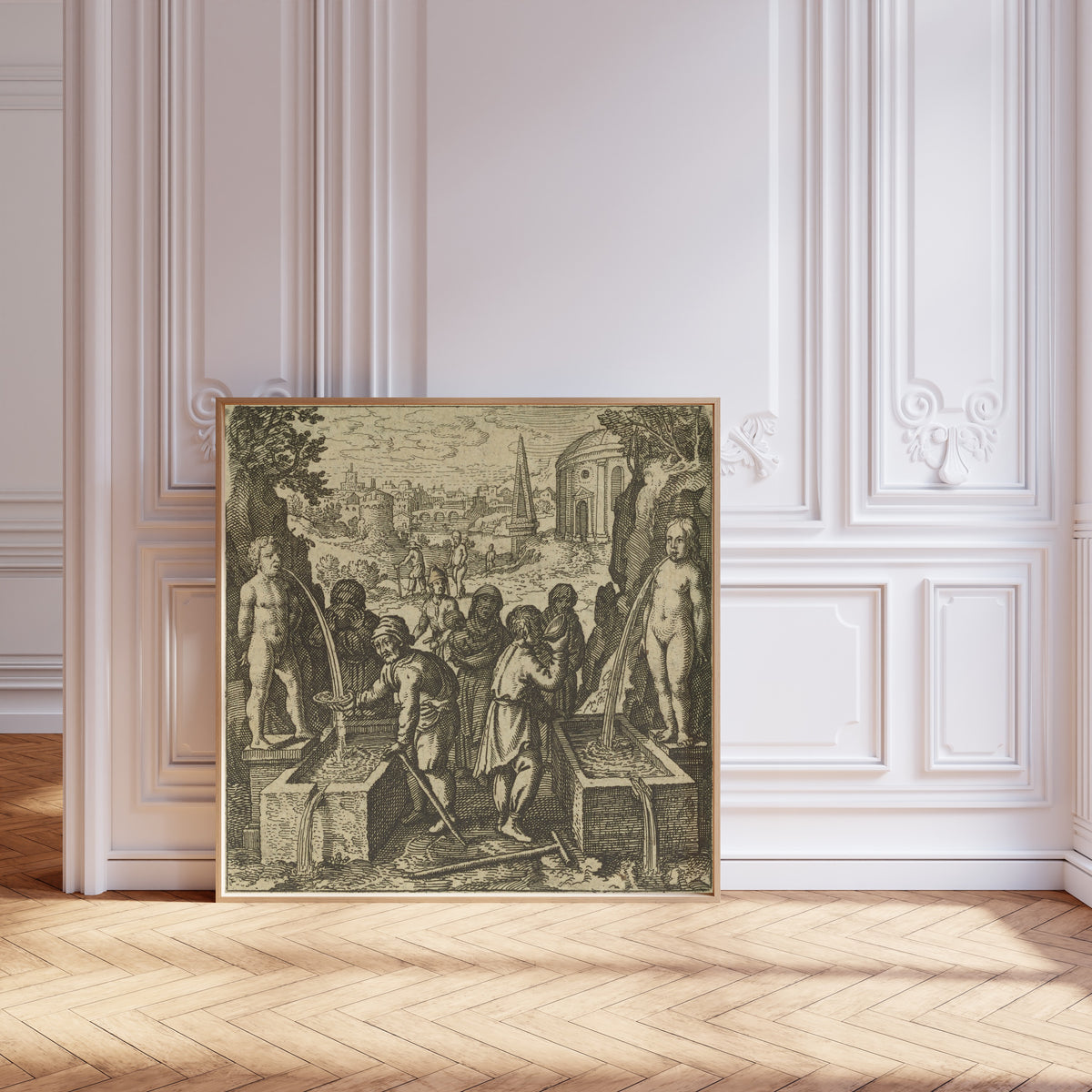 Framed art print of Atalanta Fugiens, Emblem 40: From Two Waters Make One, and It… by Michael Maier, leaning against pale pink panelling on a herringbone floor