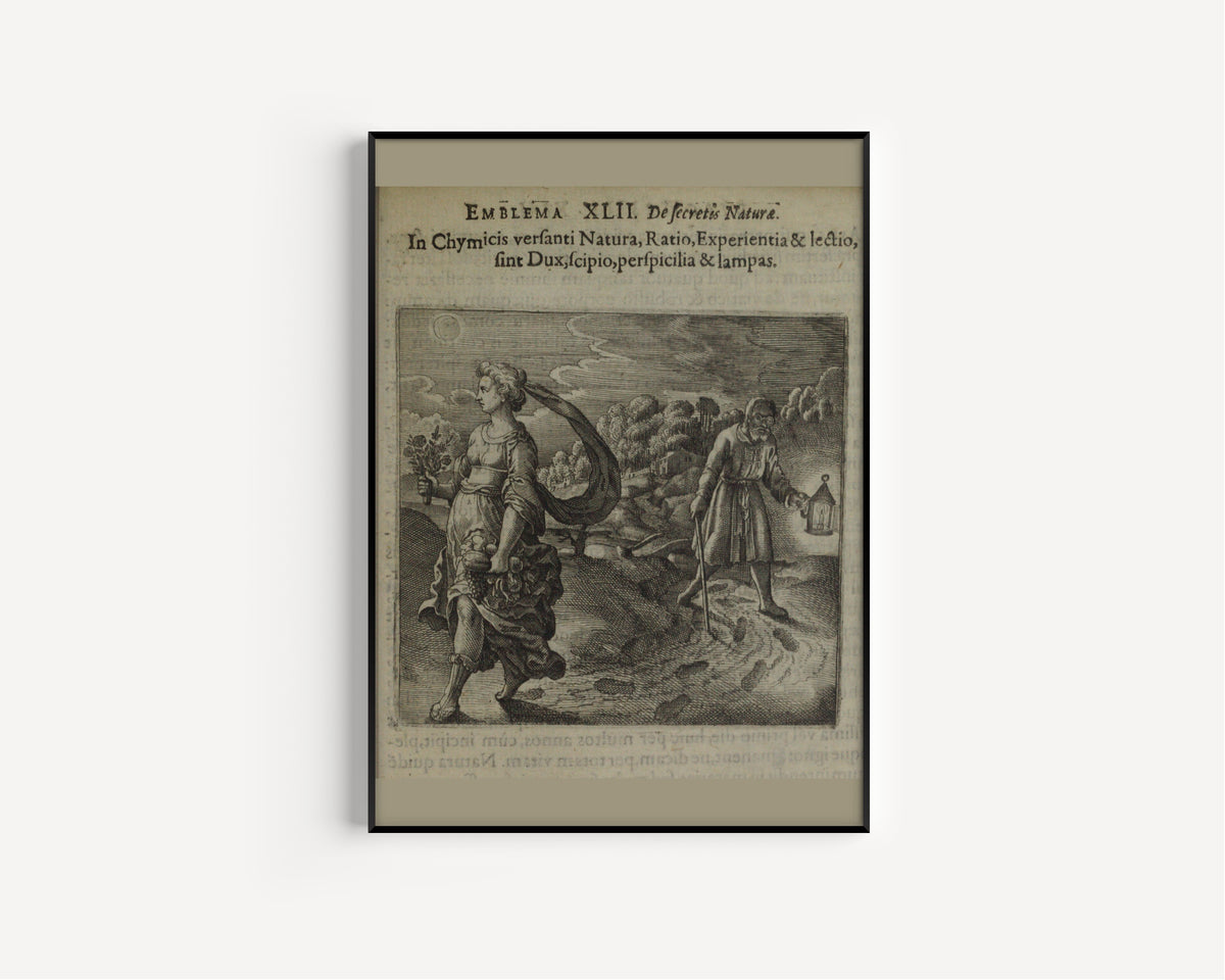 Michael Maier — Atalanta Fugiens, Emblem 42: Nature, Reason, Experience and Reading | Alchemical Engraving Print