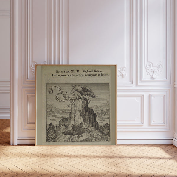 Michael Maier — Atalanta Fugiens, Emblem 43: Listen to the Talkative Vulture, Who Does Not Deceive You | Alchemical Engraving Print