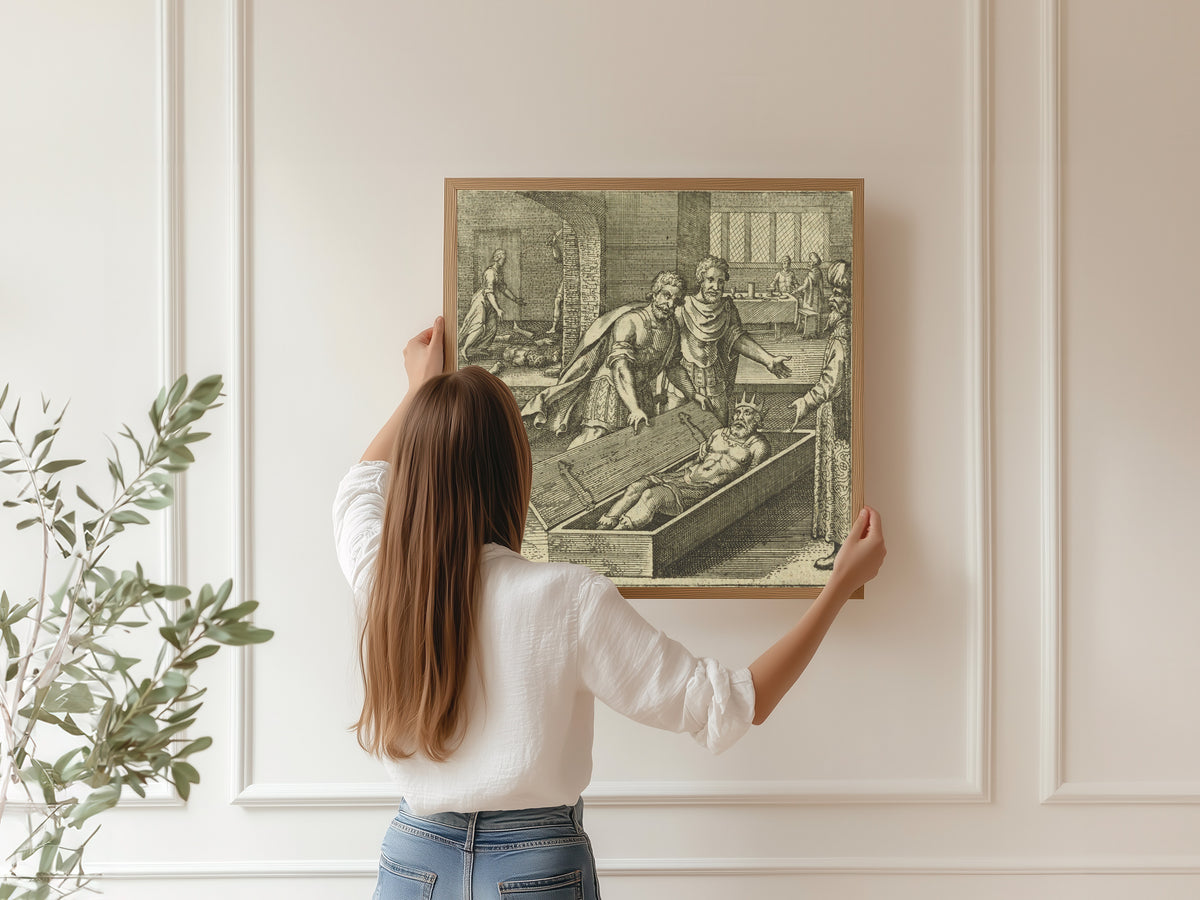 Framed art print of Atalanta Fugiens, Emblem 44: Typhon Kills Osiris by Trickery by Michael Maier, hung on a panelled wall