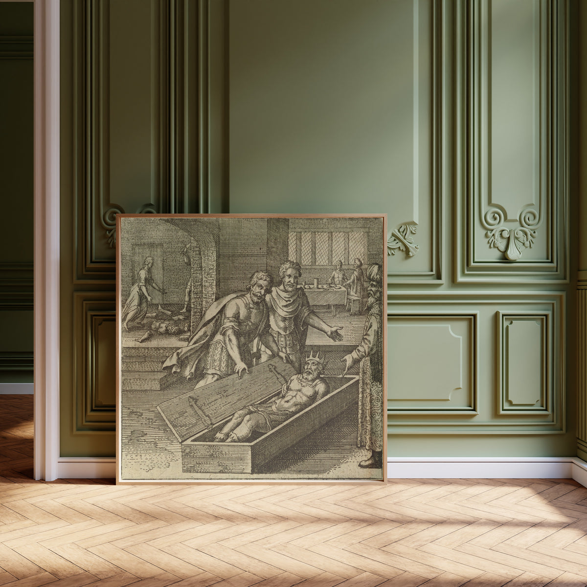 Framed art print of Atalanta Fugiens, Emblem 44: Typhon Kills Osiris by Trickery by Michael Maier, leaning against olive-green panelling on a herringbone floor