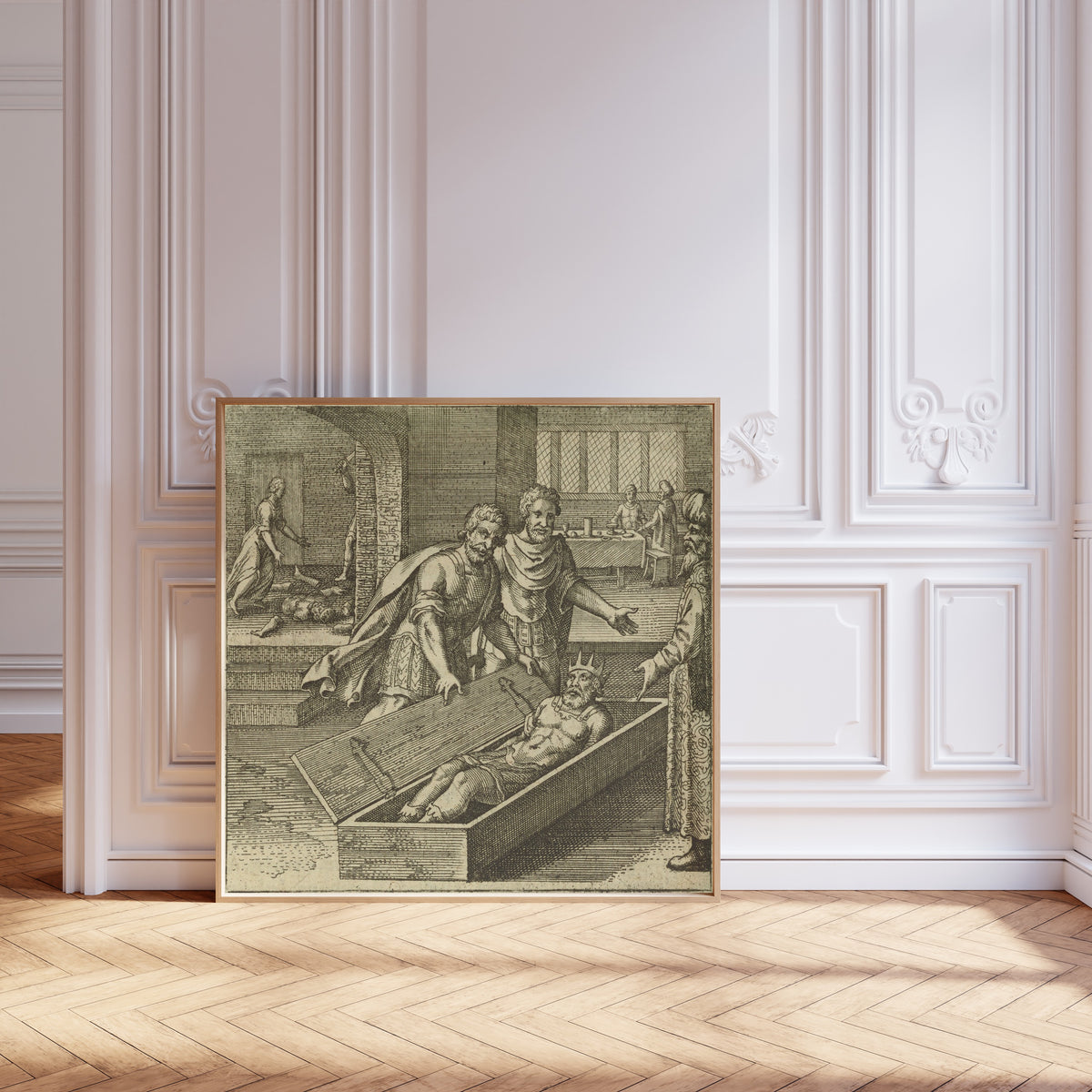Framed art print of Atalanta Fugiens, Emblem 44: Typhon Kills Osiris by Trickery by Michael Maier, leaning against pale pink panelling on a herringbone floor