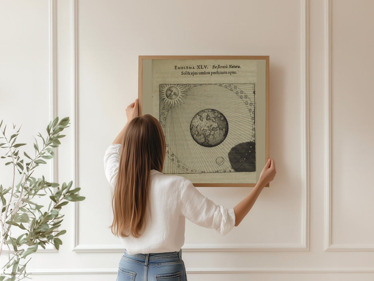 Michael Maier — Atalanta Fugiens, Emblem 45: The Sun and Its Shadow Complete the Work | Alchemical Engraving Print