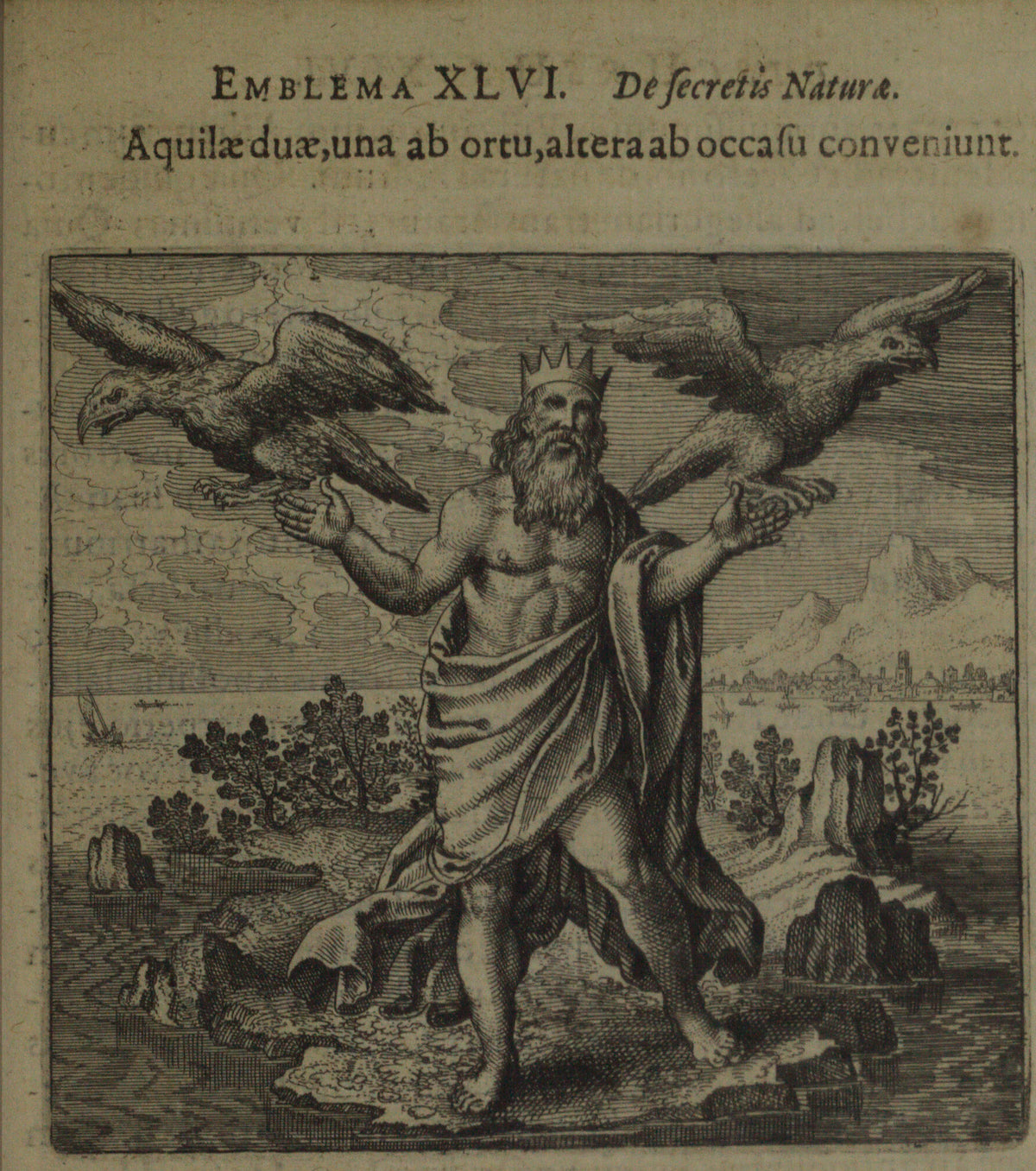 Michael Maier — Atalanta Fugiens, Emblem 46: Two Eagles, One from the East, the Other from the West, Come Together | Alchemical Engraving Print