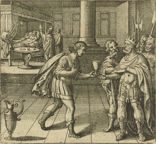 Atalanta Fugiens, Emblem 48: The King, Sick From Drinking the Waters by Michael Maier — A young man offers a goblet to a king while another lies sick in bed