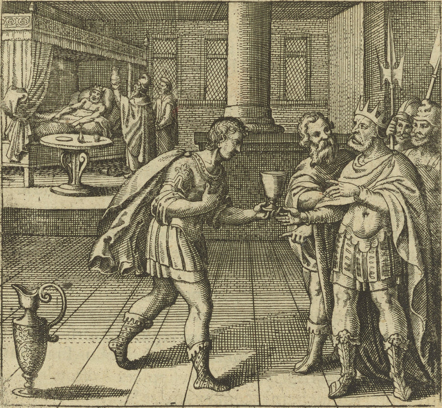 Michael Maier — Atalanta Fugiens, Emblem 48: The King, Sick From Drinking the Waters | Alchemical Engraving Print shown to scale on a wall above a sofa