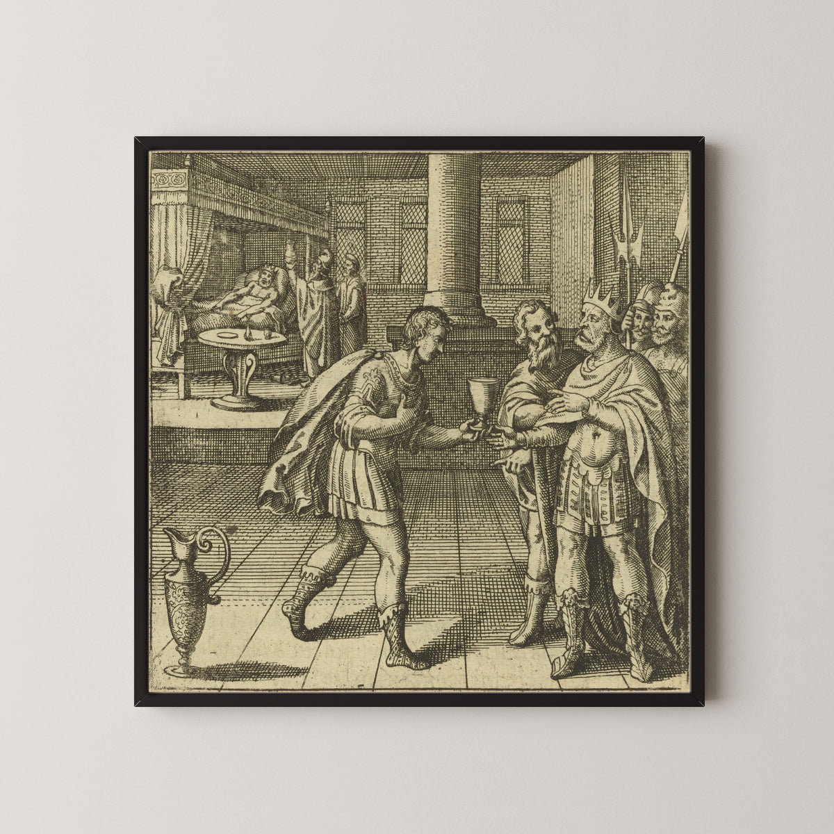 Framed art print of Atalanta Fugiens, Emblem 48: The King, Sick From Drinking the Waters by Michael Maier, in a black frame on a pale wall