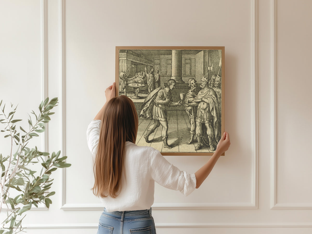 Framed art print of Atalanta Fugiens, Emblem 48: The King, Sick From Drinking the Waters by Michael Maier, hung on a panelled wall