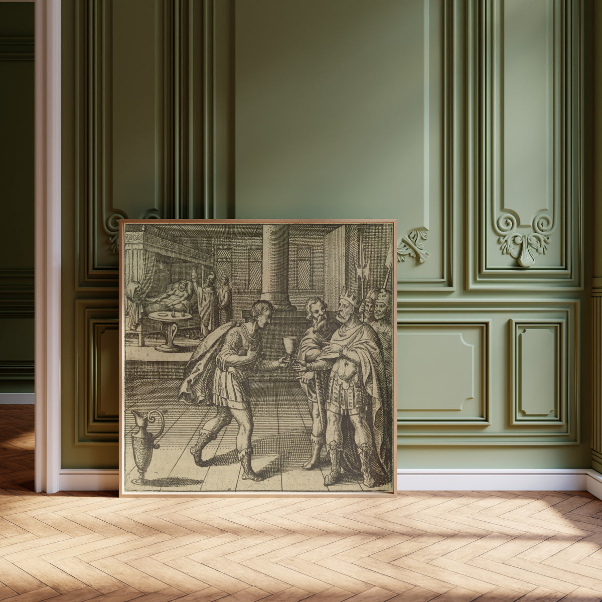 Framed art print of Atalanta Fugiens, Emblem 48: The King, Sick From Drinking… by Michael Maier, leaning against olive-green panelling on a herringbone floor