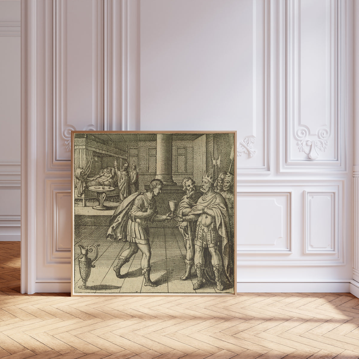 Framed art print of Atalanta Fugiens, Emblem 48: The King, Sick From Drinking the… by Michael Maier, leaning against pale pink panelling on a herringbone floor