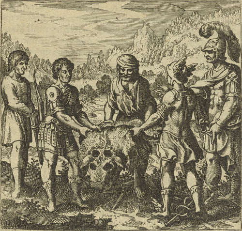 Atalanta Fugiens, Emblem 49: The Philosophic Child Acknowledges Three Fathers, Like Orion by Michael Maier — Five men hold out an animal hide in wooded hills