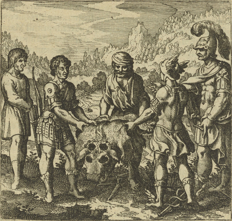 Michael Maier — Atalanta Fugiens, Emblem 49: The Philosophic Child Acknowledges Three Fathers, Like Orion | Alchemical Engraving Print shown to scale on a wall above a sofa