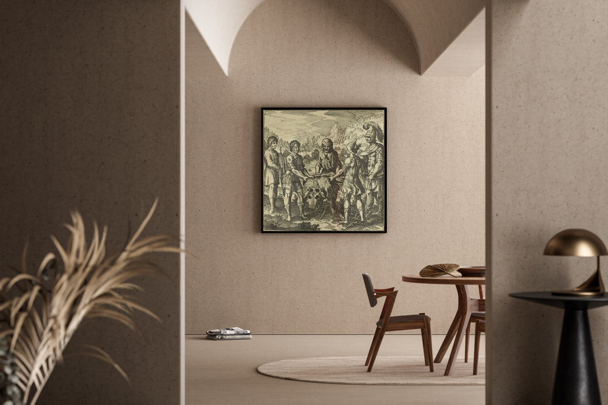 Framed art print of Atalanta Fugiens, Emblem 49: The Philosophic Child Acknowledges Three Fathers, Like Orion by Michael Maier, in a sunlit dining corner