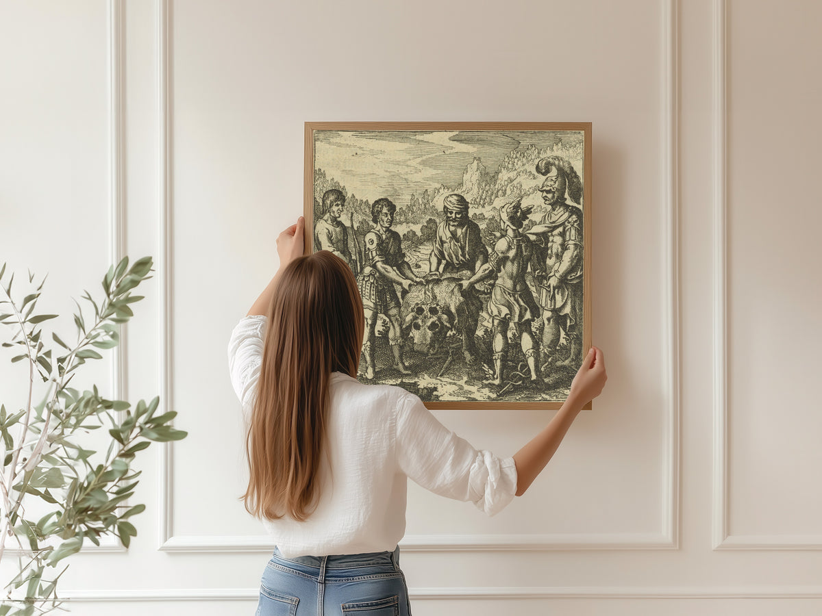Framed art print of Atalanta Fugiens, Emblem 49: The Philosophic Child Acknowledges Three Fathers, Like Orion by Michael Maier, hung on a panelled wall