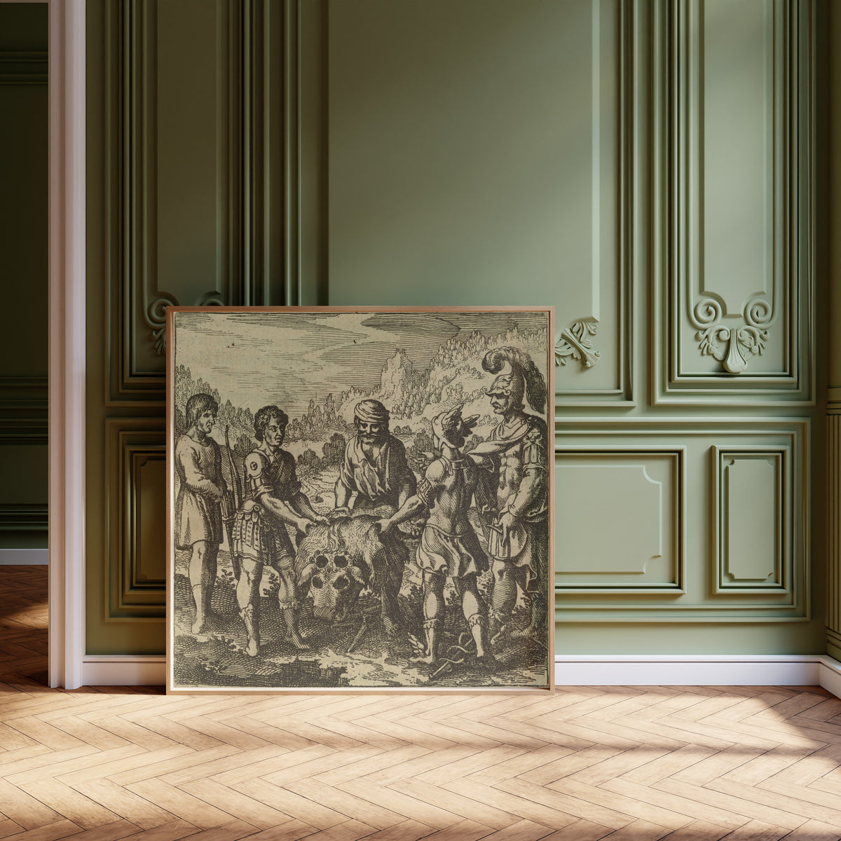 Framed art print of Atalanta Fugiens, Emblem 49: The Philosophic Child… by Michael Maier, leaning against olive-green panelling on a herringbone floor
