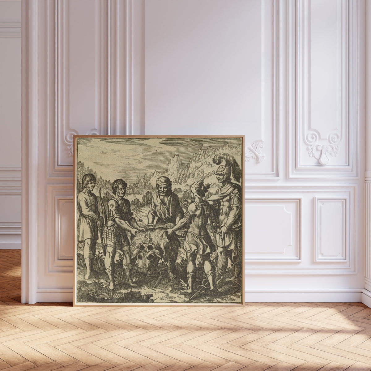 Framed art print of Atalanta Fugiens, Emblem 49: The Philosophic Child… by Michael Maier, leaning against pale pink panelling on a herringbone floor
