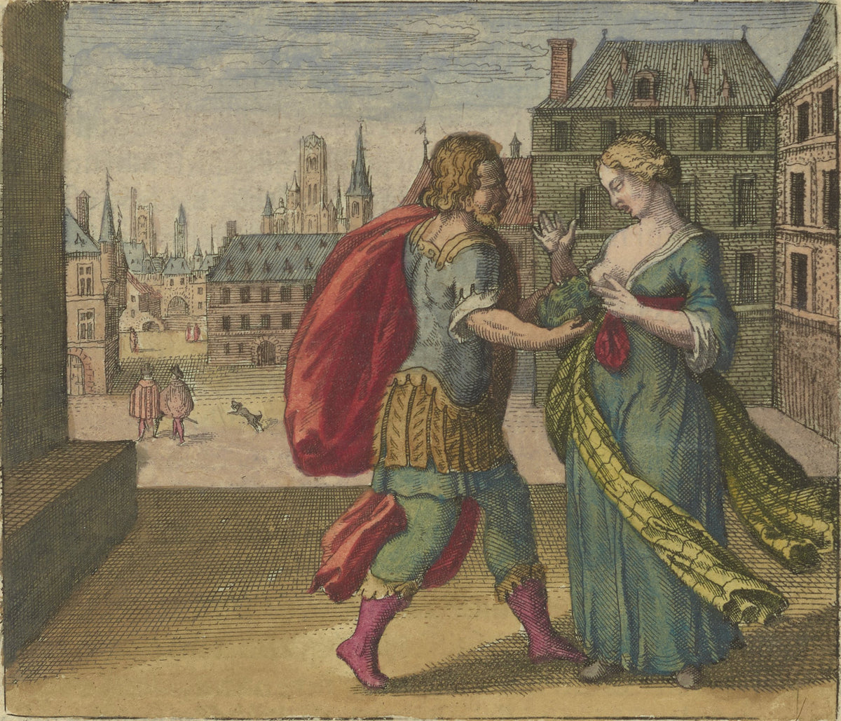 Atalanta Fugiens, Emblem 5: Put a Toad to the Woman's Breast by Michael Maier — A soldier presses a toad to a woman's breast in a town square