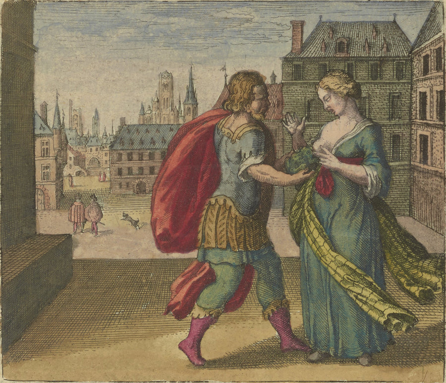 Michael Maier — Atalanta Fugiens, Emblem 5: Put a Toad to the Woman's Breast | Alchemical Engraving Print shown to scale on a wall above a sofa