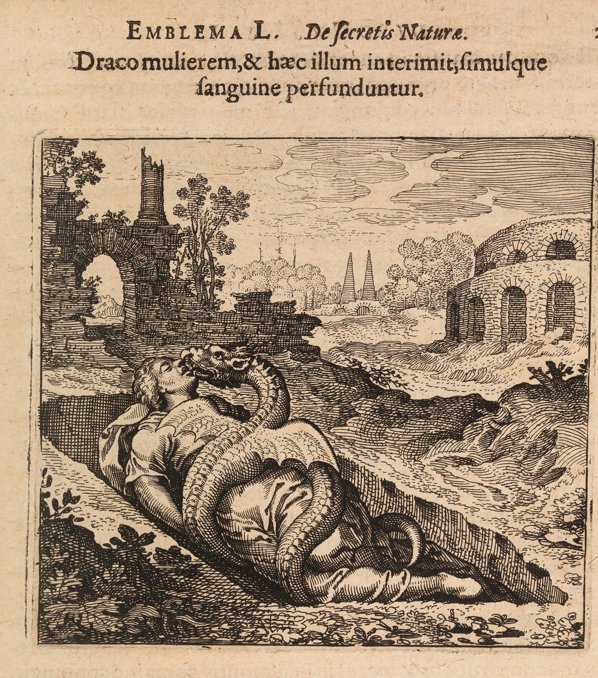 Michael Maier — Atalanta Fugiens, Emblem 50: The Dragon Kills the Woman, and She Kills It | Alchemical Engraving Print