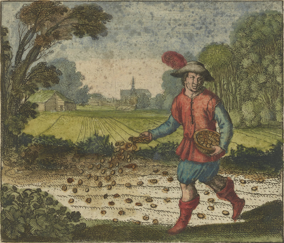 Atalanta Fugiens, Emblem 6: Sow Your Gold in the White Foliate Earth by Michael Maier — A sower in a plumed hat scatters gold coins over pale furrows