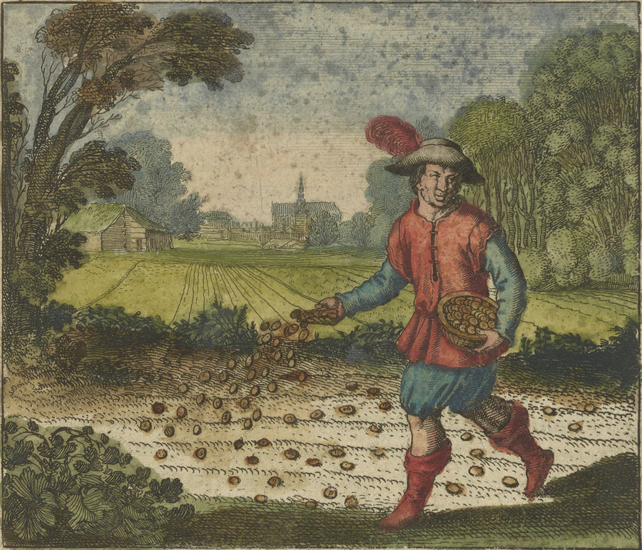 Michael Maier — Atalanta Fugiens, Emblem 6: Sow Your Gold in the White Foliate Earth | Alchemical Engraving Print shown to scale on a wall above a sofa
