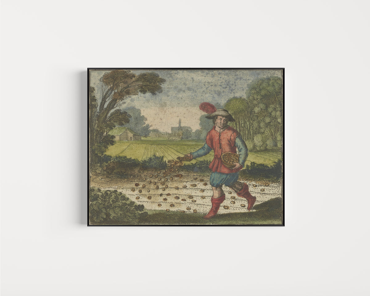 Framed art print of Atalanta Fugiens, Emblem 6: Sow Your Gold in the White Foliate Earth by Michael Maier, in a slim black frame on a plain white wall