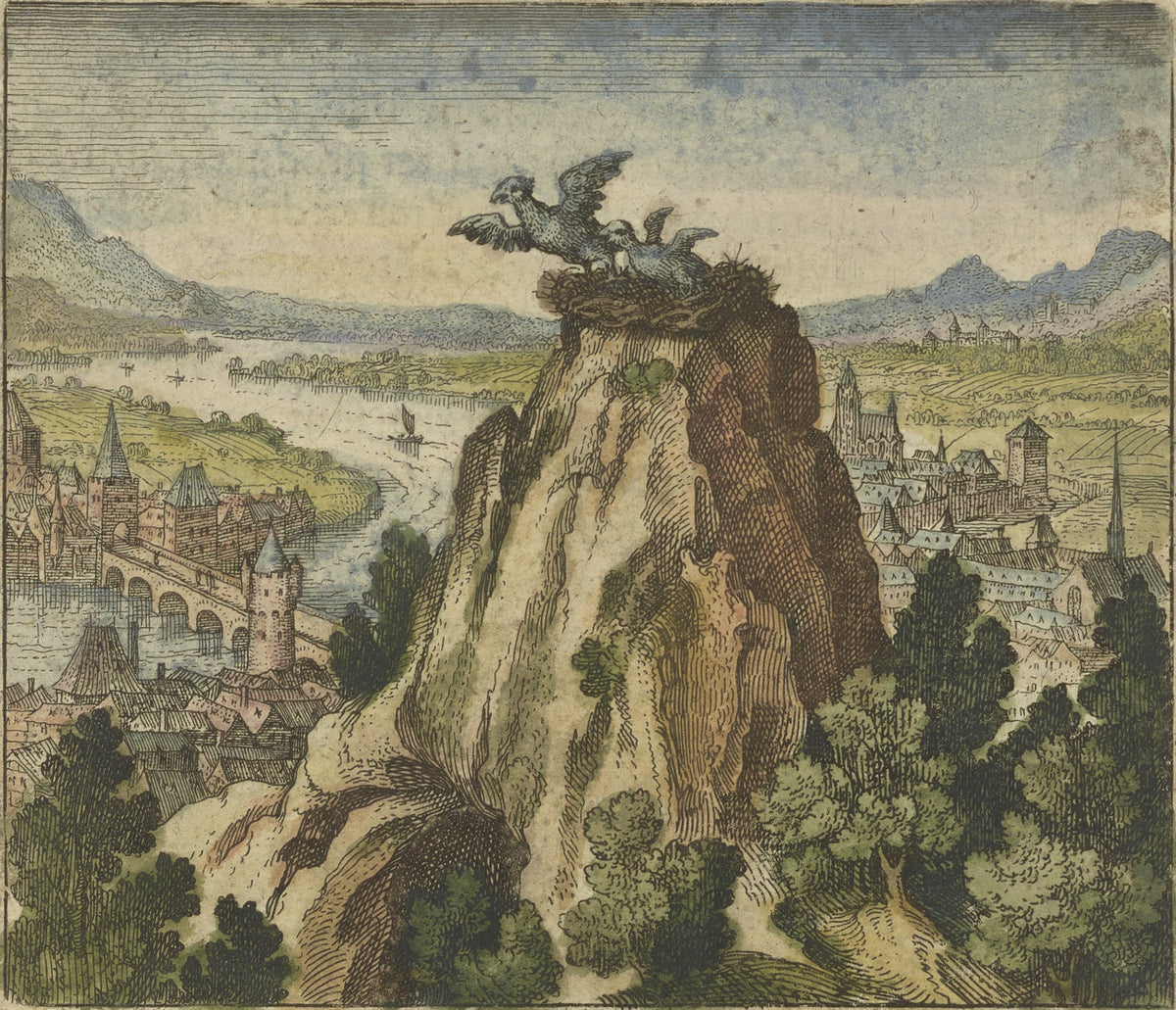 Atalanta Fugiens, Emblem 7: A Young Chick Attempts to Fly Out of Its Own Nest and Falls Into It Again by Michael Maier — Two young birds beat their wings on a