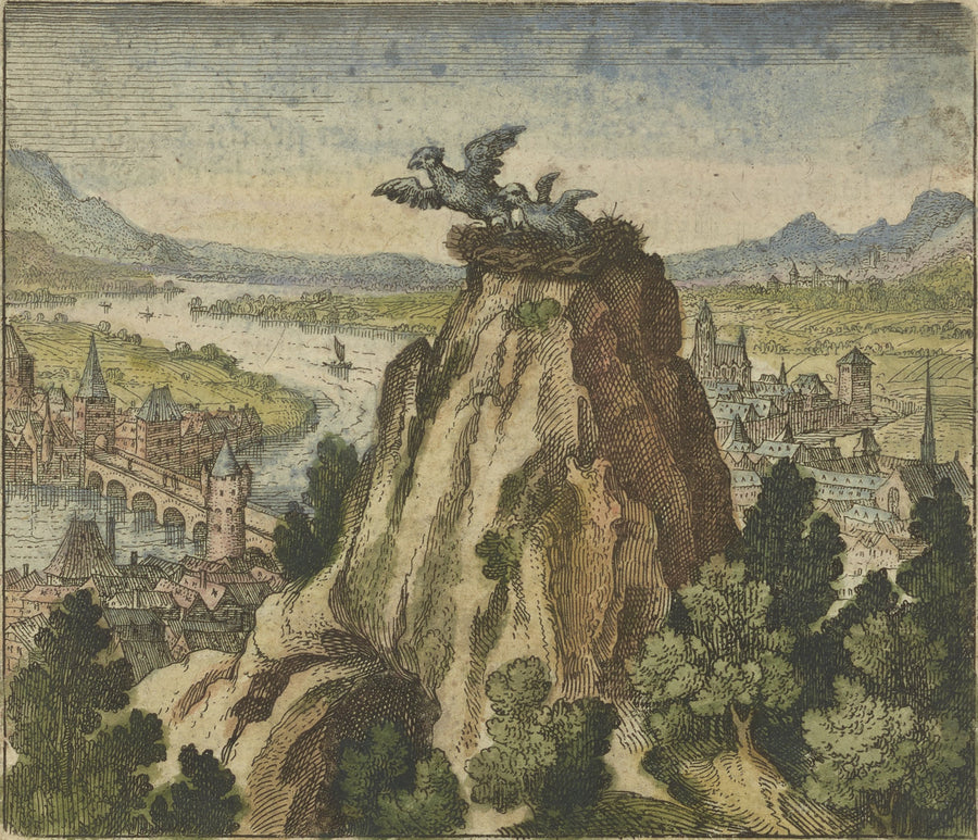 Michael Maier — Atalanta Fugiens, Emblem 7: A Young Chick Attempts to Fly Out of Its Own Nest and Falls Into It Again | Alchemical Engraving Print shown to scale on a wall above a sofa