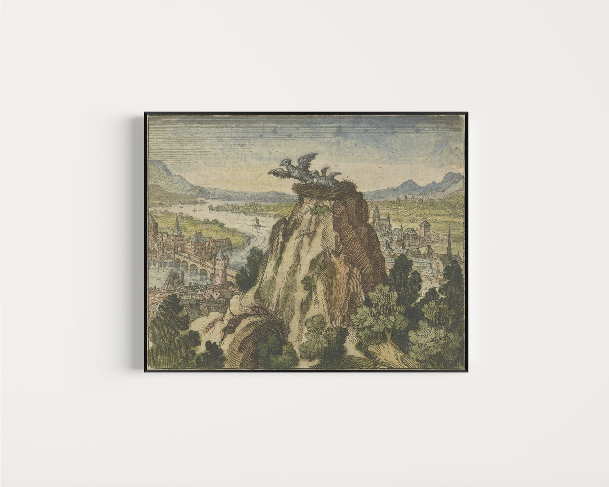 Framed art print of Atalanta Fugiens, Emblem 7: A Young Chick Attempts to Fly Out of Its Own… by Michael Maier, in a slim black frame on a plain white wall