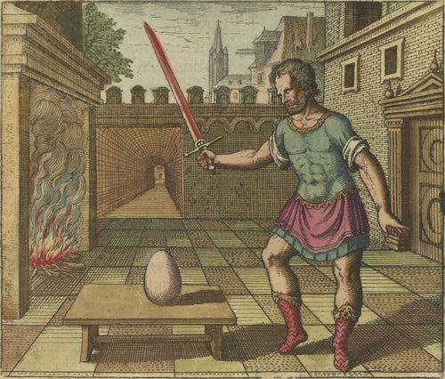 Atalanta Fugiens, Emblem 8: Take the Egg and Smite It With a Fiery Sword by Michael Maier — A man raises a red sword over an egg on a table