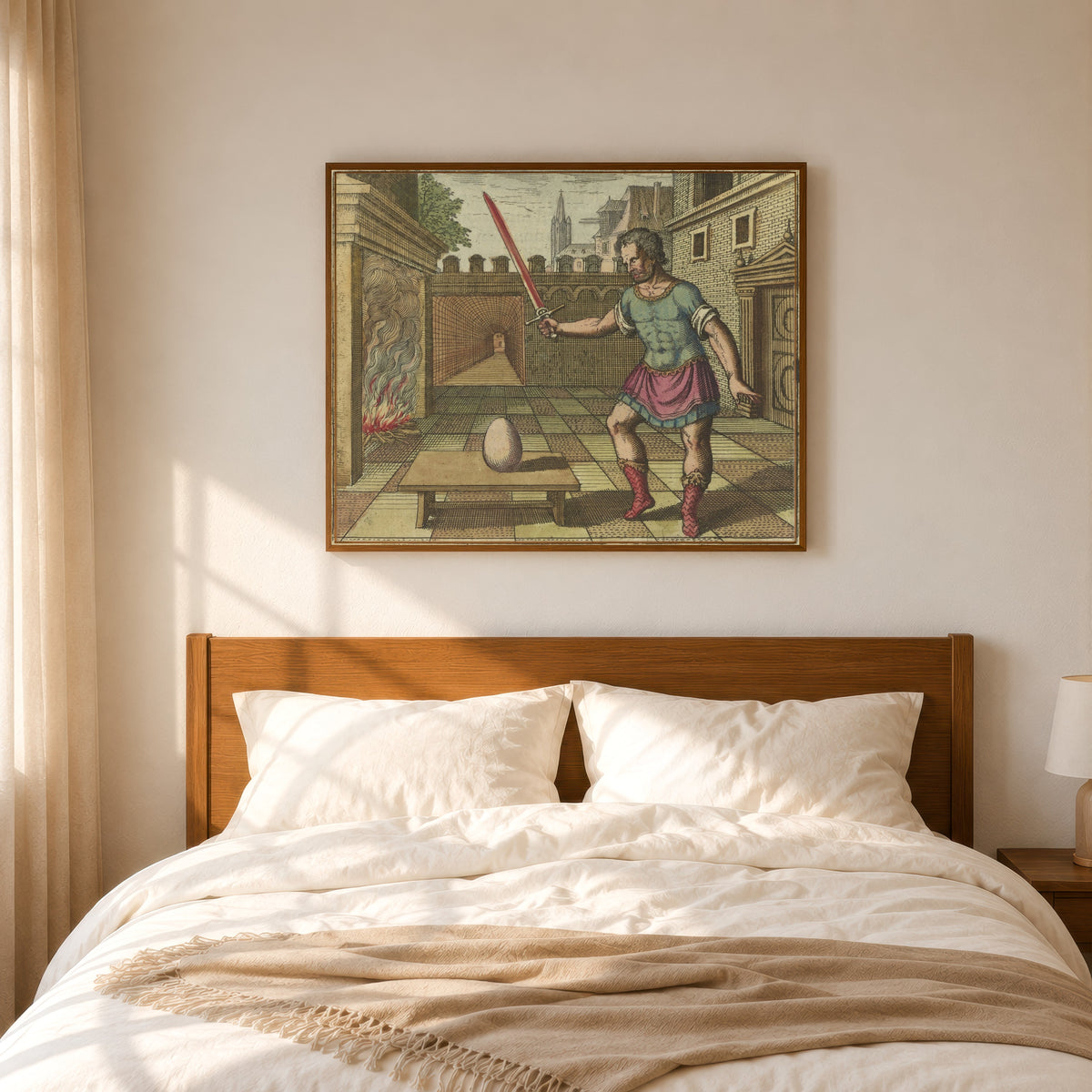 Framed art print of Atalanta Fugiens, Emblem 8: Take the Egg and Smite It With a Fiery… by Michael Maier, in a slim wood frame above a bed in a sunlit bedroom