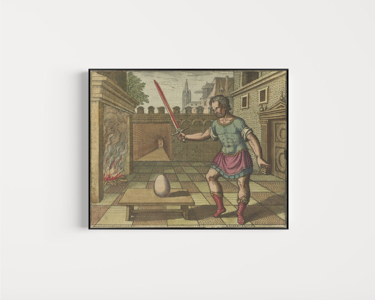 Framed art print of Atalanta Fugiens, Emblem 8: Take the Egg and Smite It With a Fiery Sword by Michael Maier, in a slim black frame on a plain white wall