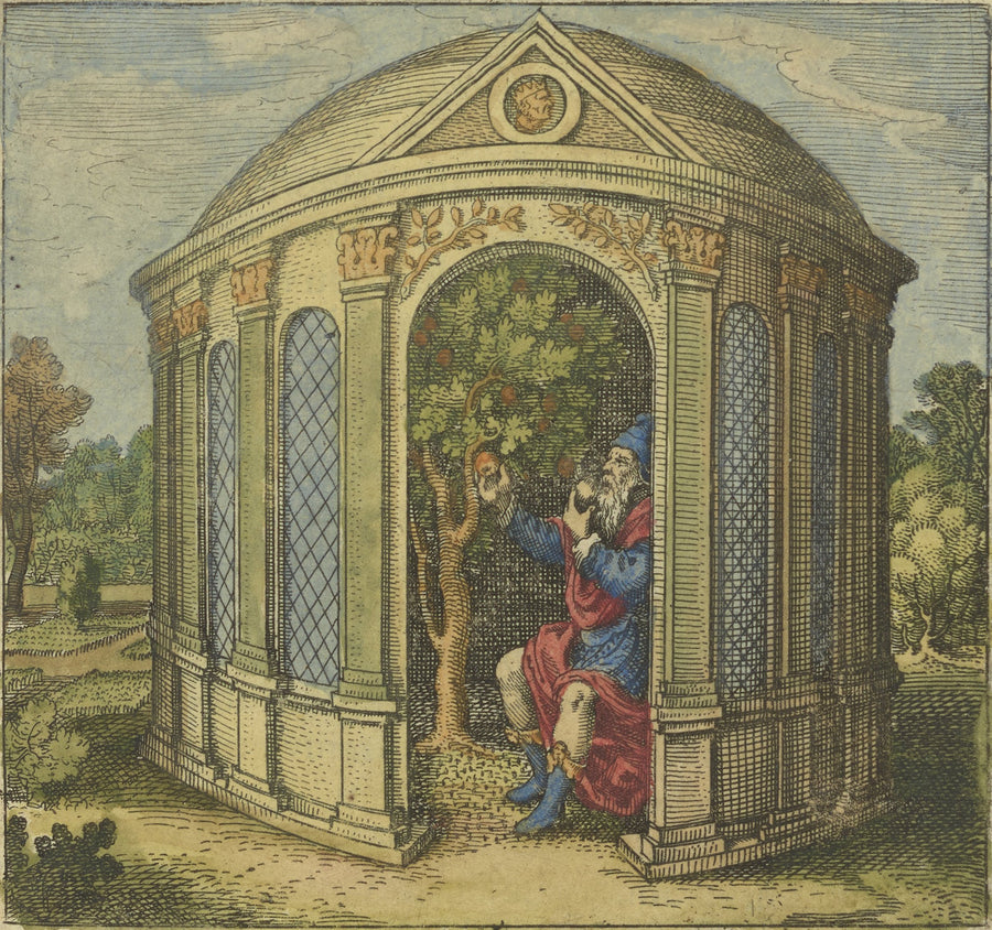 Michael Maier — Atalanta Fugiens, Emblem 9: The Tree With the Old Man in a House Wet With Dew | Alchemical Engraving Print shown to scale on a wall above a sofa