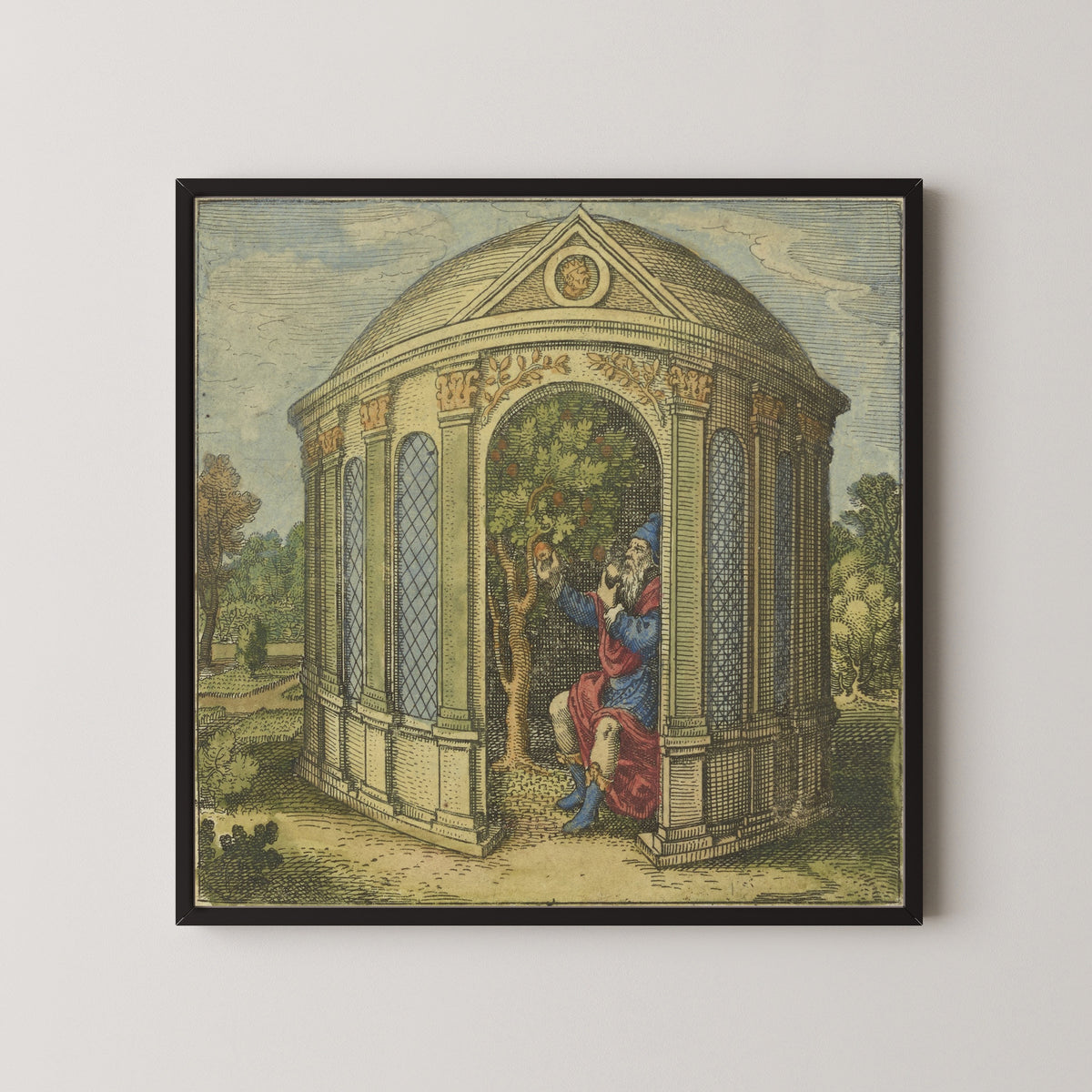 Framed art print of Atalanta Fugiens, Emblem 9: The Tree With the Old Man in a House Wet With Dew by Michael Maier, in a black frame on a pale wall