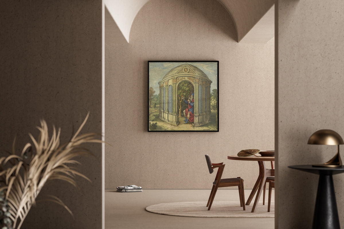 Framed art print of Atalanta Fugiens, Emblem 9: The Tree With the Old Man in a House Wet With Dew by Michael Maier, in a sunlit dining corner