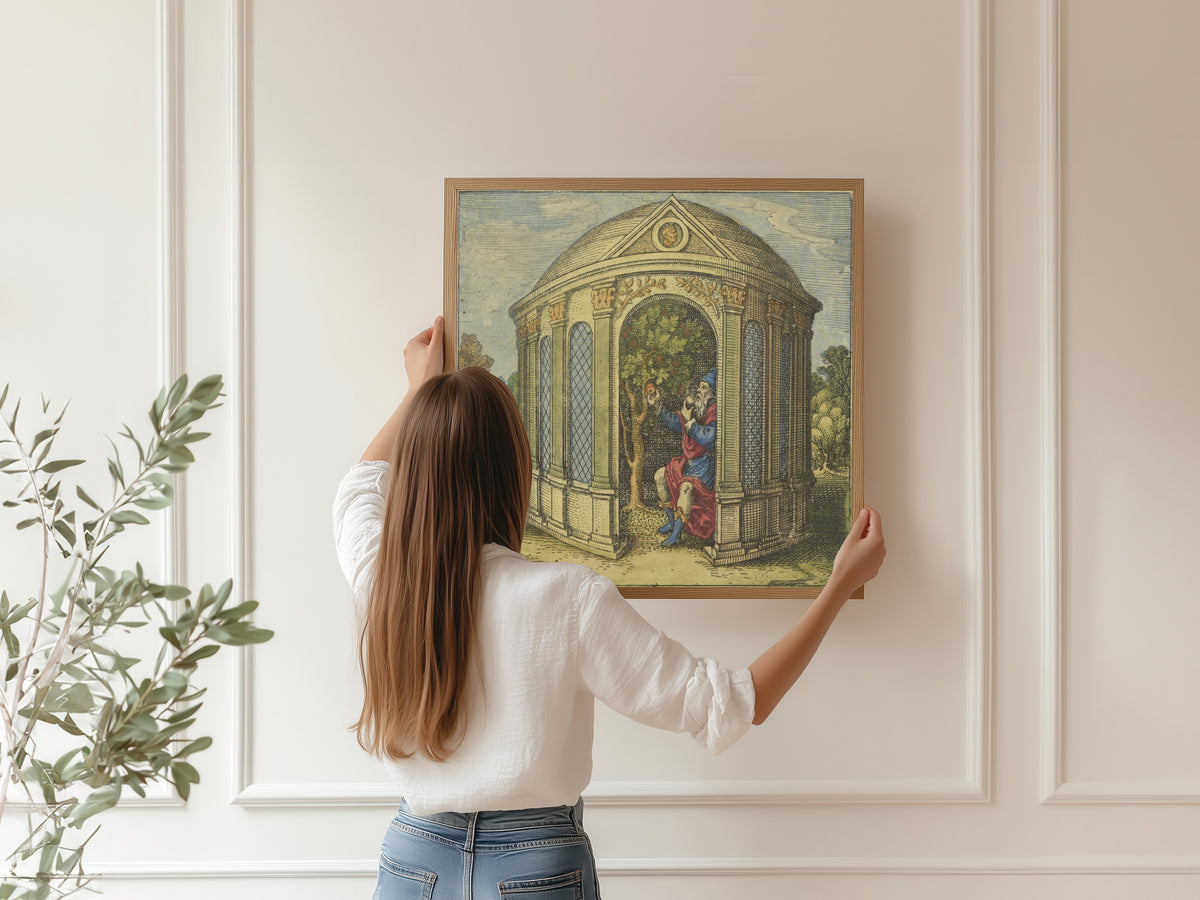 Framed art print of Atalanta Fugiens, Emblem 9: The Tree With the Old Man in a House Wet With Dew by Michael Maier, hung on a panelled wall