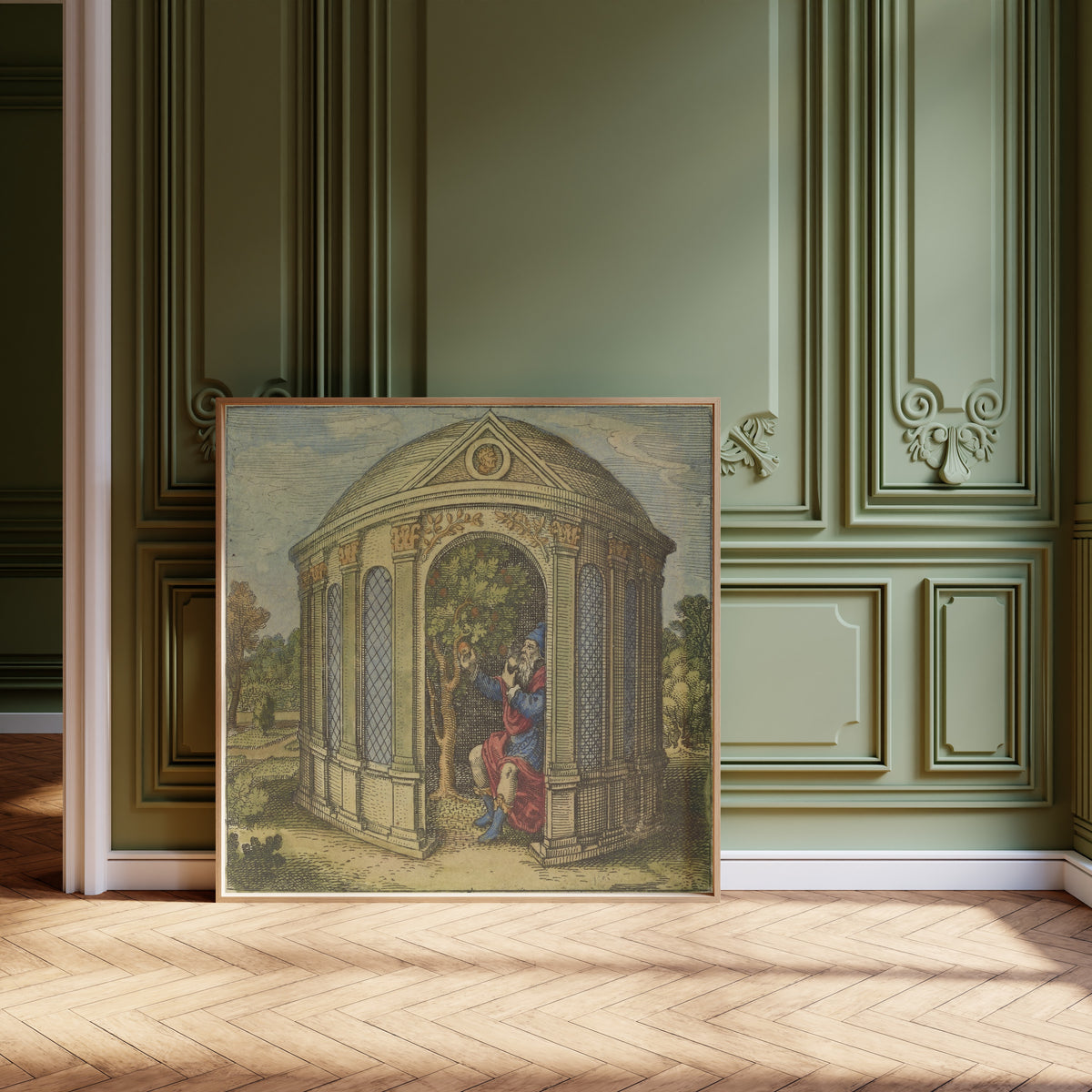 Framed art print of Atalanta Fugiens, Emblem 9: The Tree With the Old Man in a… by Michael Maier, leaning against olive-green panelling on a herringbone floor