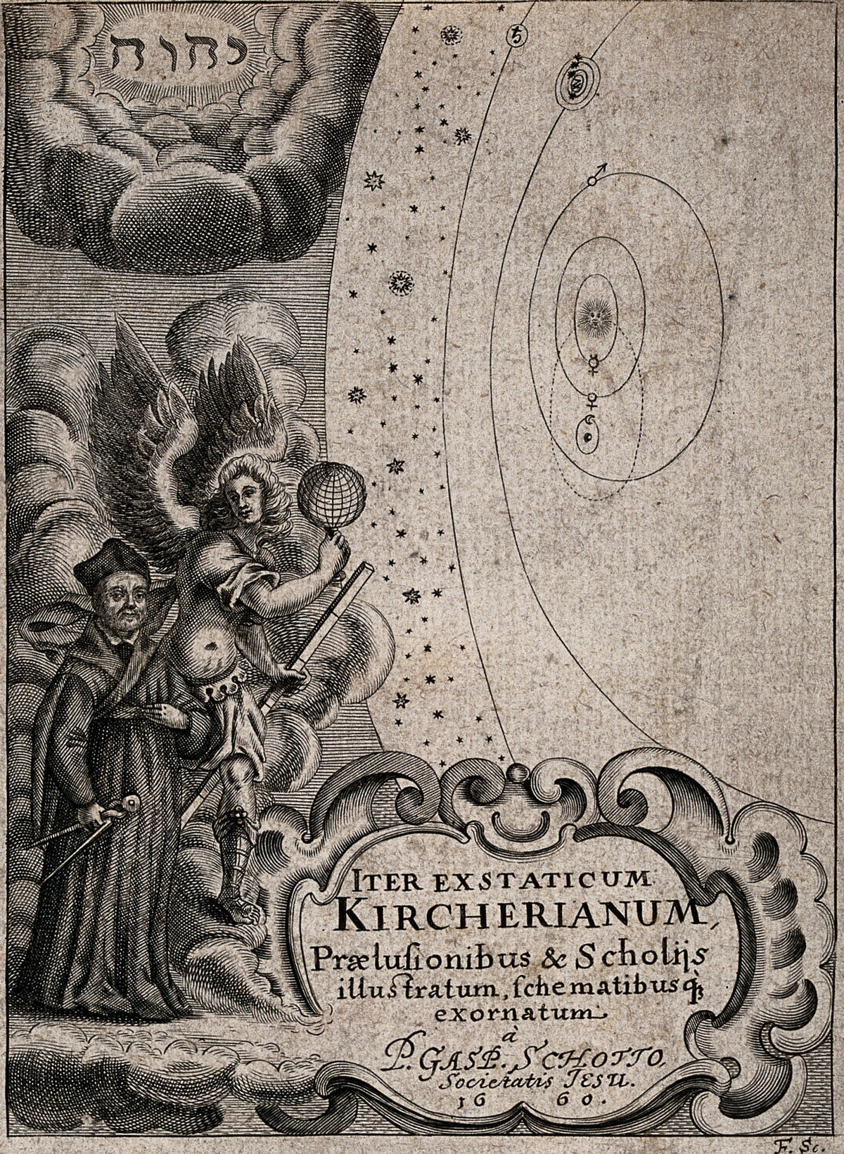 Athanasius Kircher Being Guided by an Archangel to the Celestial Spheres by Johann Friedrich Fleischberger — A robed scholar led through the heavens by a winged guide